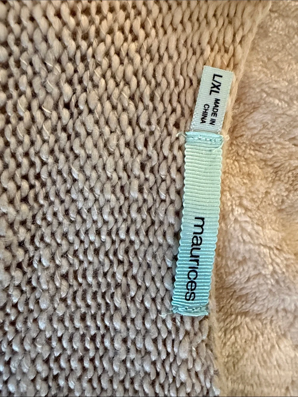 Maurices Beige Fringe Open Knit Cardigan with Navy Pattern